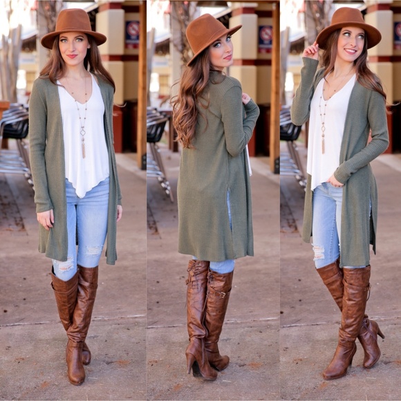 Infinity Raine Sweaters - LAST ONE! Olive Long Sleeve Ribbed Knit Cardigan